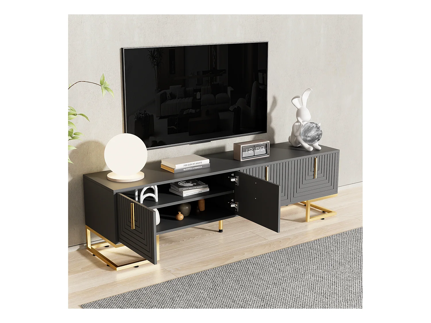 Meuble TV gris noir - Meuble TV de salon avec 4 portes texturées - poignées et pieds dorés