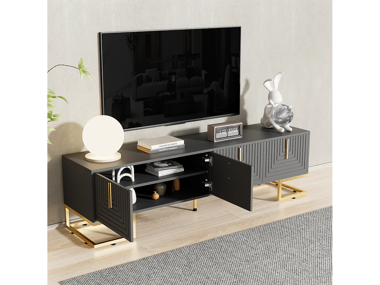 Meuble TV gris noir - Meuble TV de salon avec 4 portes texturées - poignées et pieds dorés