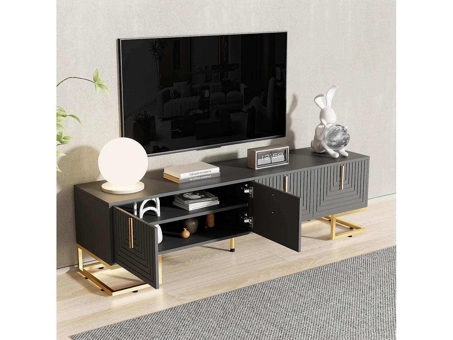 Szaro-czarna szafka RTV - Szafka RTV do salonu z 4 teksturowanymi drzwiami - Złote uchwyty i Nóżki