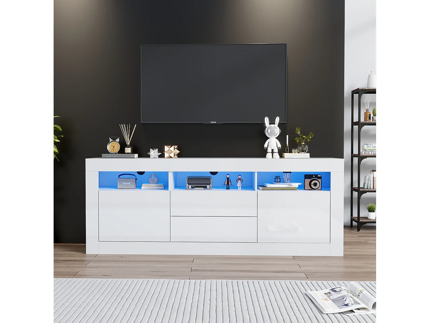 Meuble TV brillant - Meuble TV blanc avec 3 étagères ouverts, 2 portes et 2 tiroirs - éclairage LED