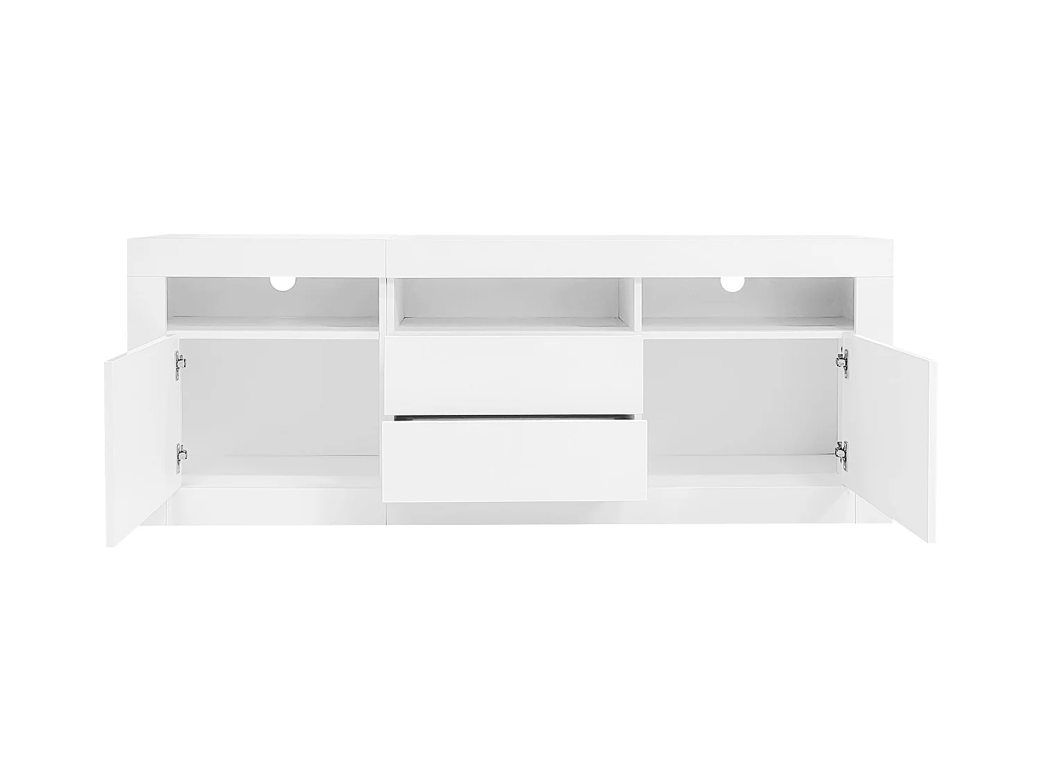 Meuble TV brillant - Meuble TV blanc avec 3 étagères ouverts, 2 portes et 2 tiroirs - éclairage LED