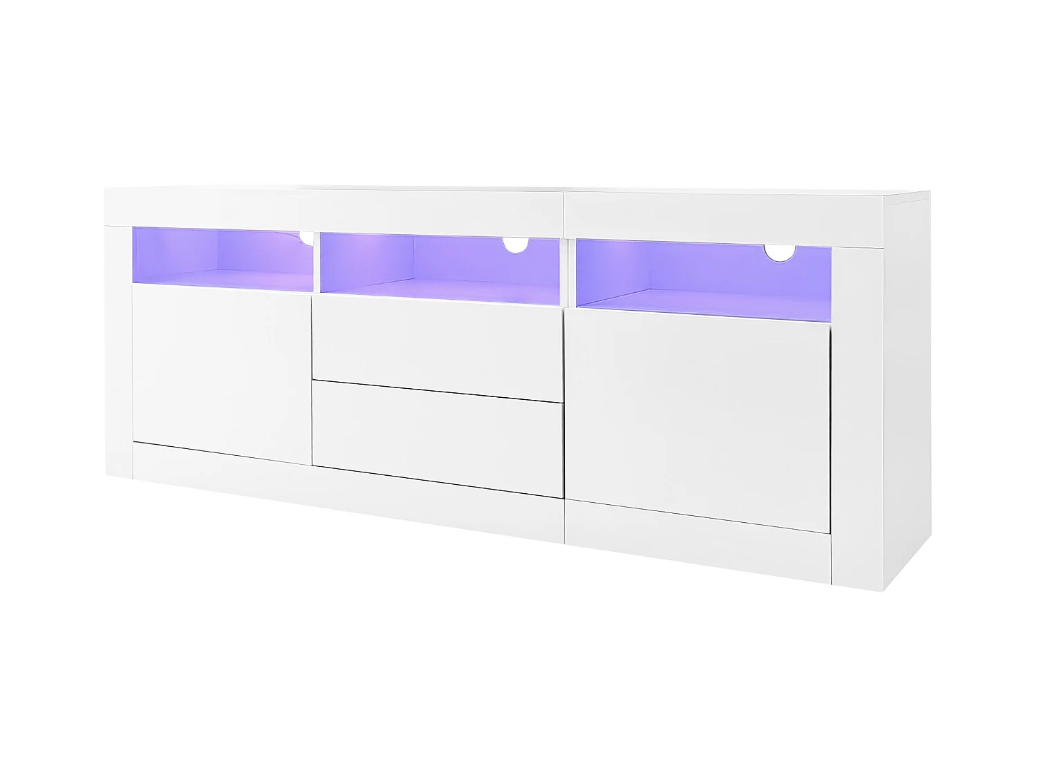 Meuble TV brillant - Meuble TV blanc avec 3 étagères ouverts, 2 portes et 2 tiroirs - éclairage LED