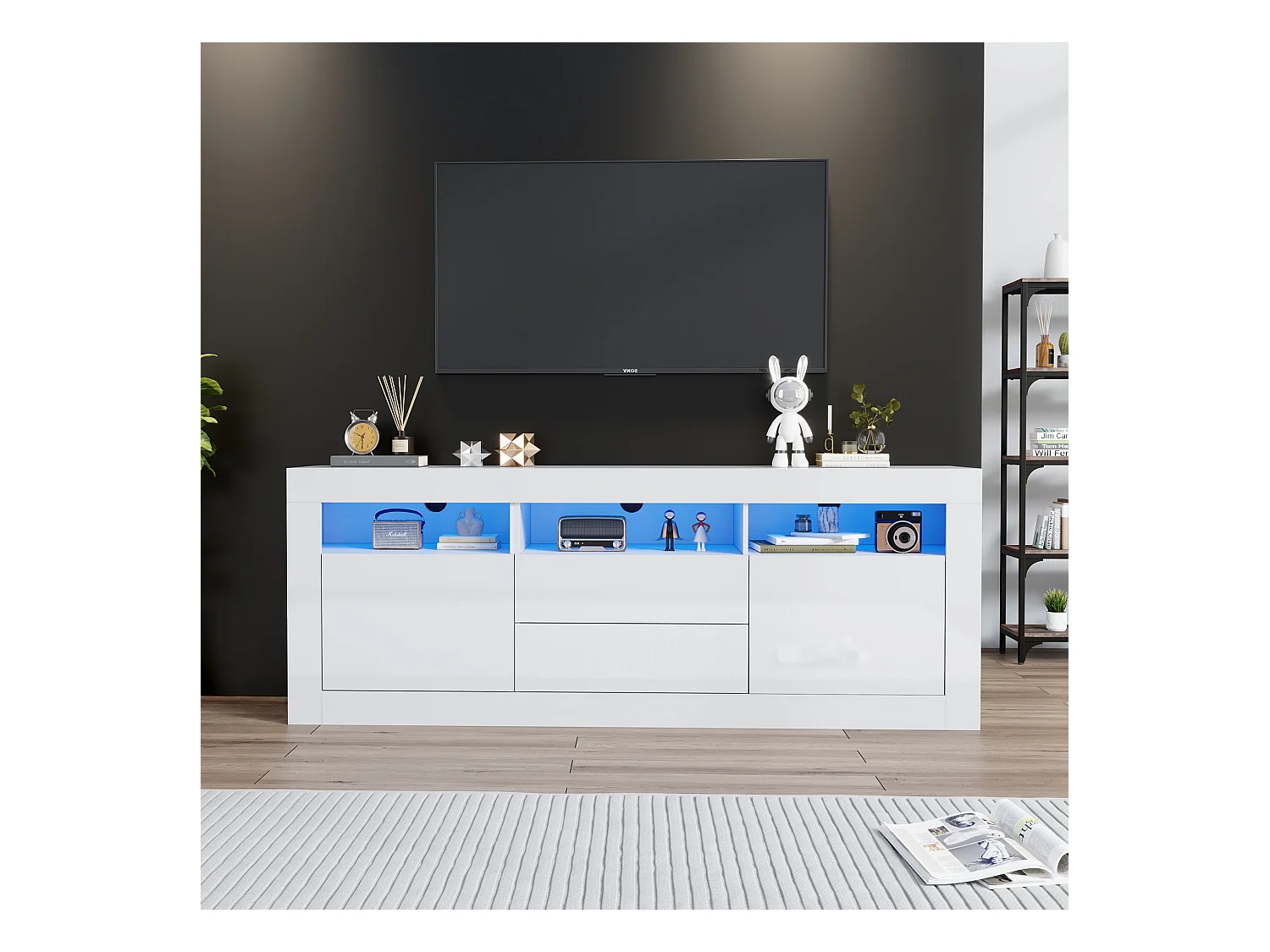 Meuble TV brillant - Meuble TV blanc avec 3 étagères ouverts, 2 portes et 2 tiroirs - éclairage LED