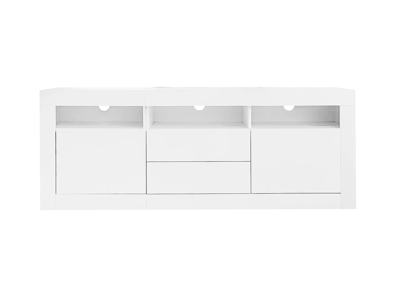 Meuble TV brillant - Meuble TV blanc avec 3 étagères ouverts, 2 portes et 2 tiroirs - éclairage LED