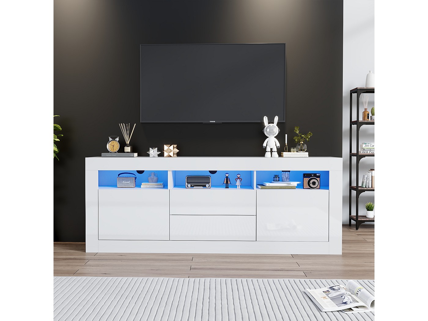 Armario De Esquina Para TV Con Luz LED - Medidas 100x68x40 Cm, Color Blanco Brillante, 6 Compartimentos De Cristal, Soporta TV Hasta 50 Pulgadas