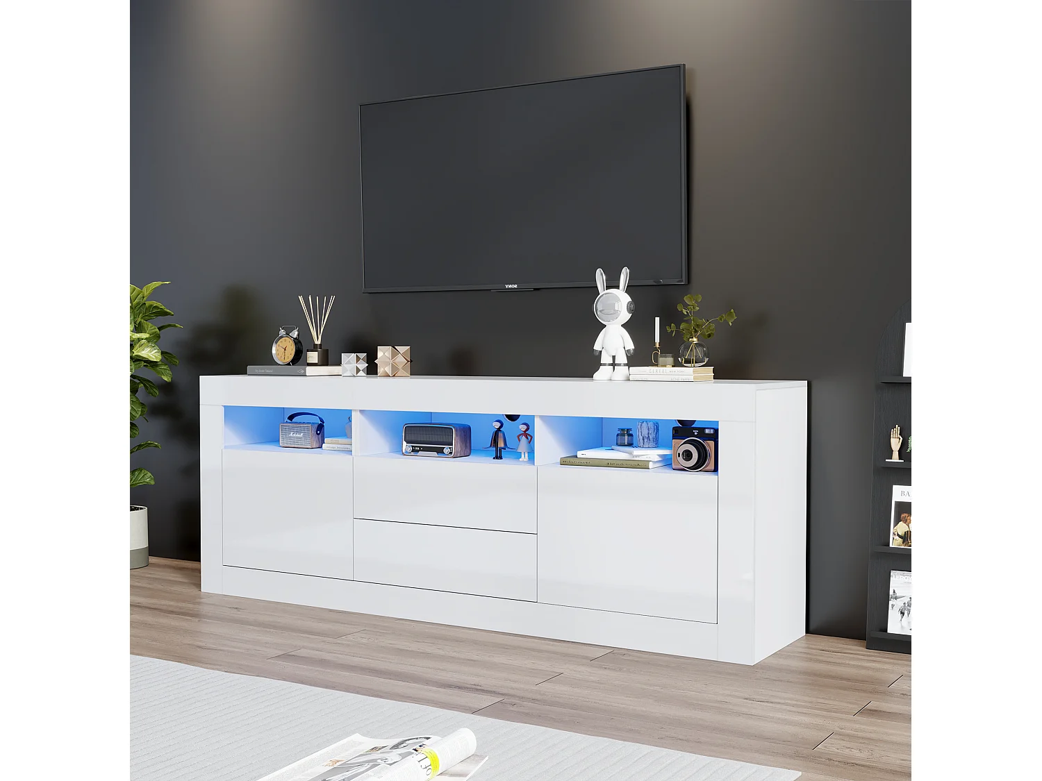 Meuble TV brillant - Meuble TV blanc avec 3 étagères ouverts, 2 portes et 2 tiroirs - éclairage LED