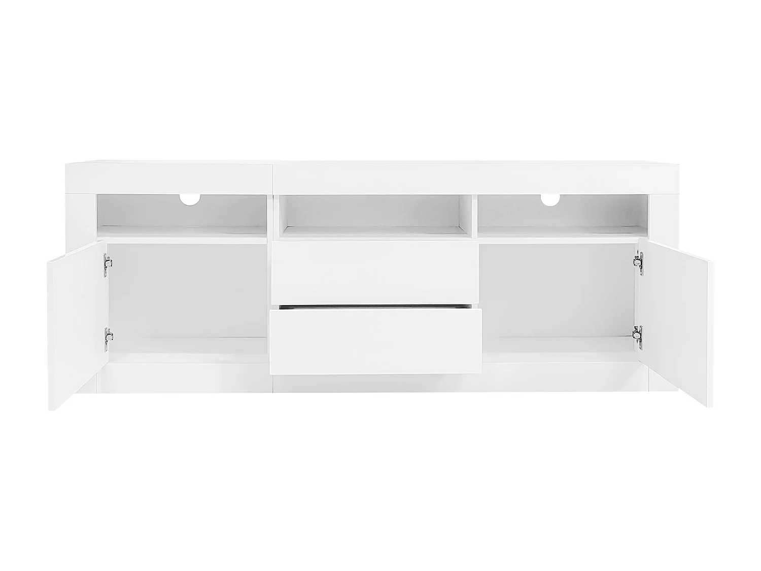 Meuble TV brillant - Meuble TV blanc avec 3 étagères ouverts, 2 portes et 2 tiroirs - éclairage LED