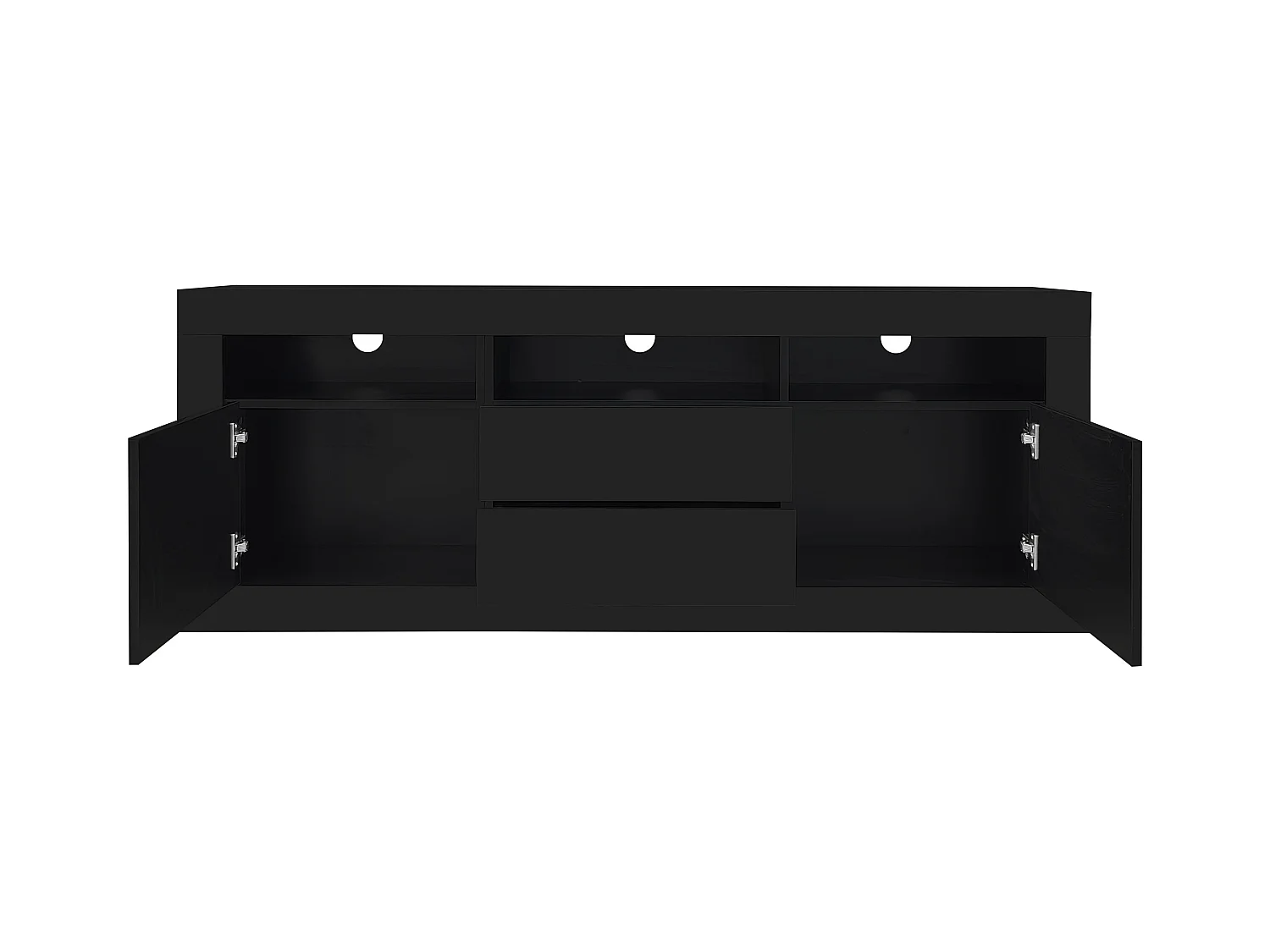 Meuble TV brillant - Meuble TV noir avec 3 étagères ouverts, 2 portes et 2 tiroirs - éclairage LED