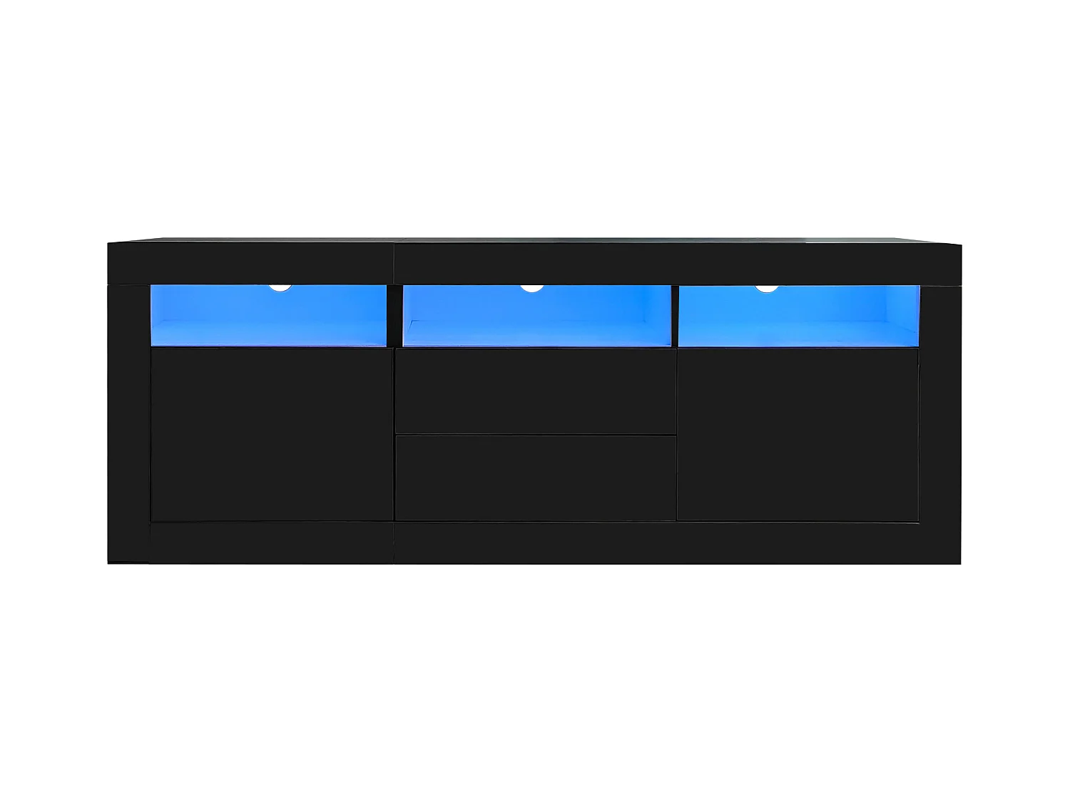 Meuble TV brillant - Meuble TV noir avec 3 étagères ouverts, 2 portes et 2 tiroirs - éclairage LED