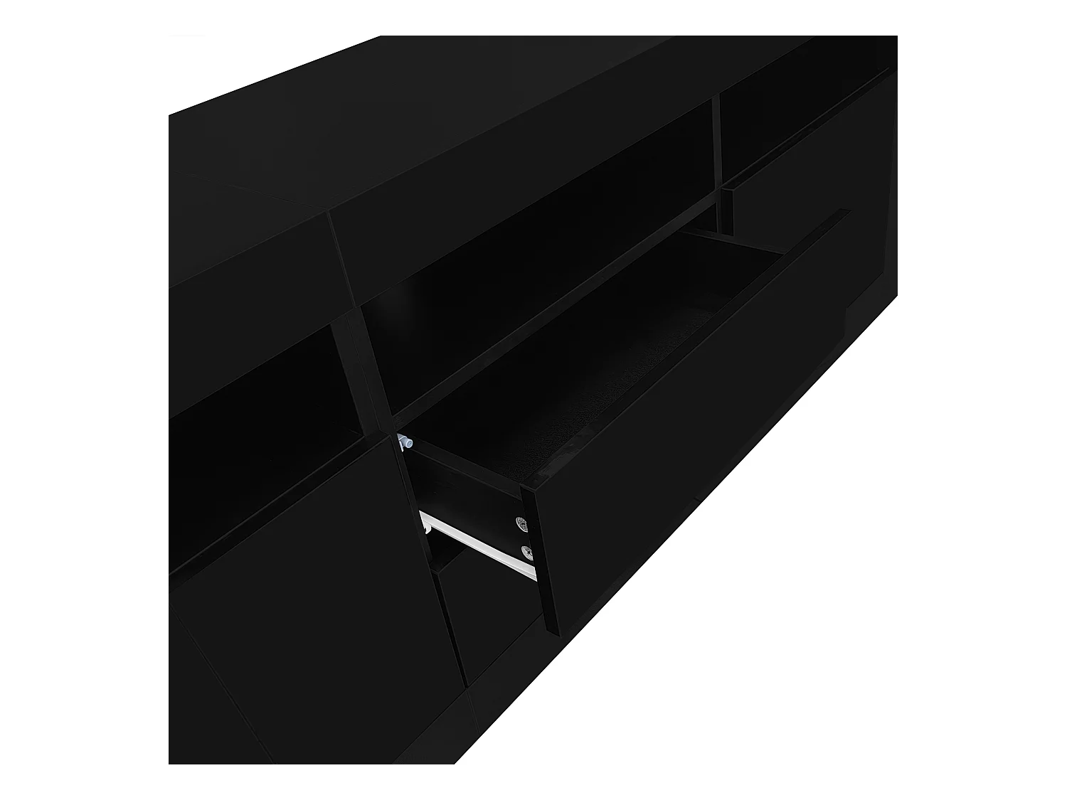 Meuble TV brillant - Meuble TV noir avec 3 étagères ouverts, 2 portes et 2 tiroirs - éclairage LED