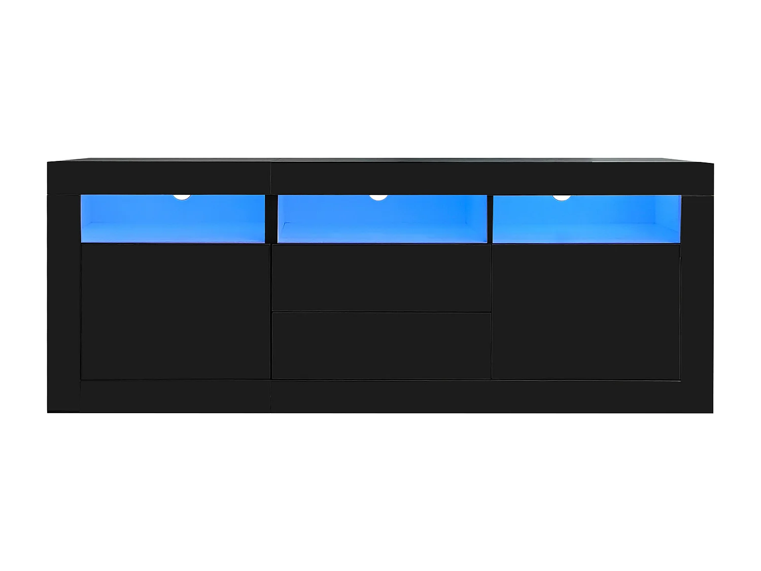 Suporte para TV com alto brilho - Suporte para TV preto com 3 prateleiras abertas, 2 portas e 2 gavetas - iluminação LED