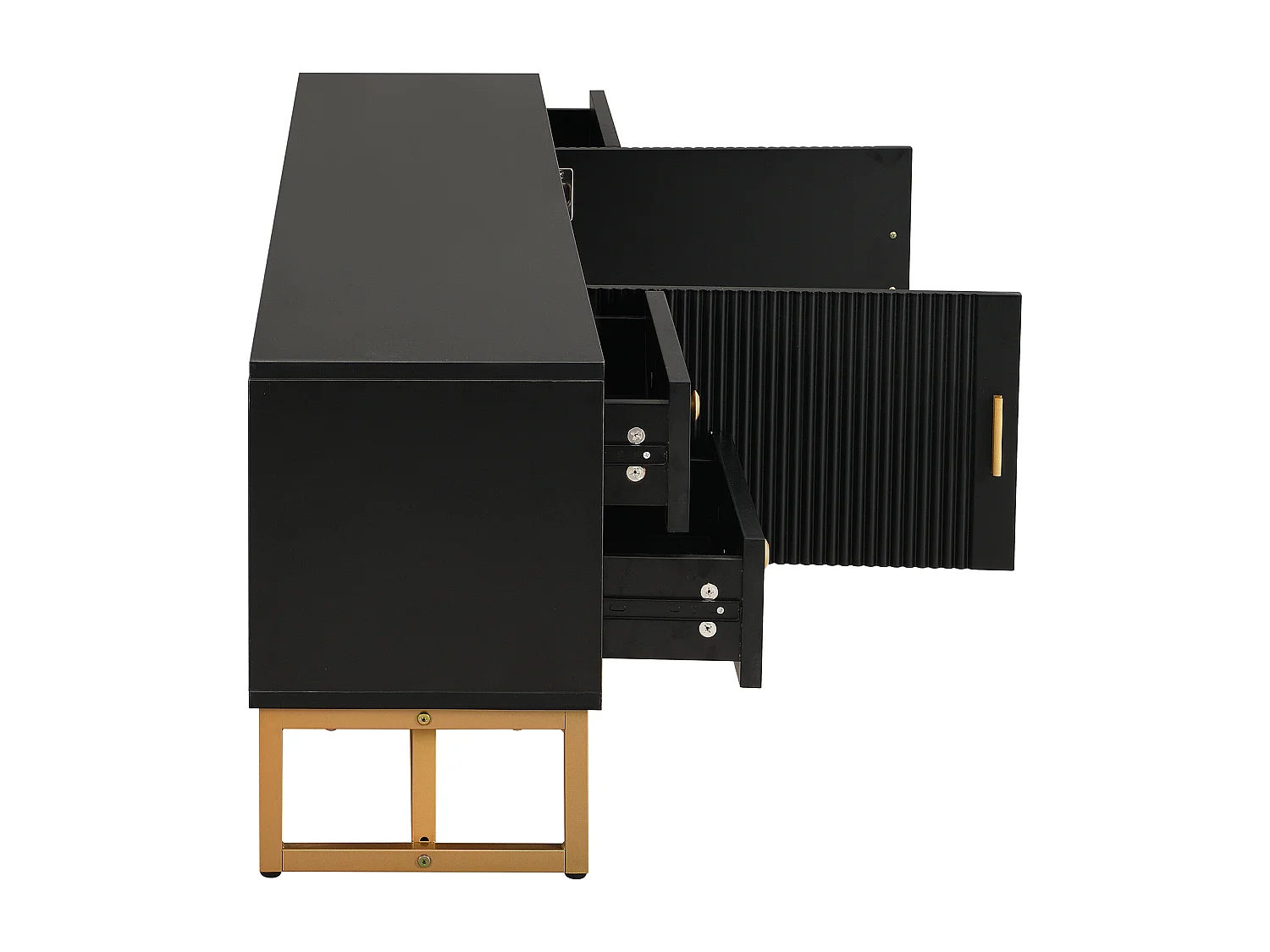 Meuble TV noir - Meuble TV de salon avec 2 portes texturées et 4 tiroirs - poignées et pieds dorés