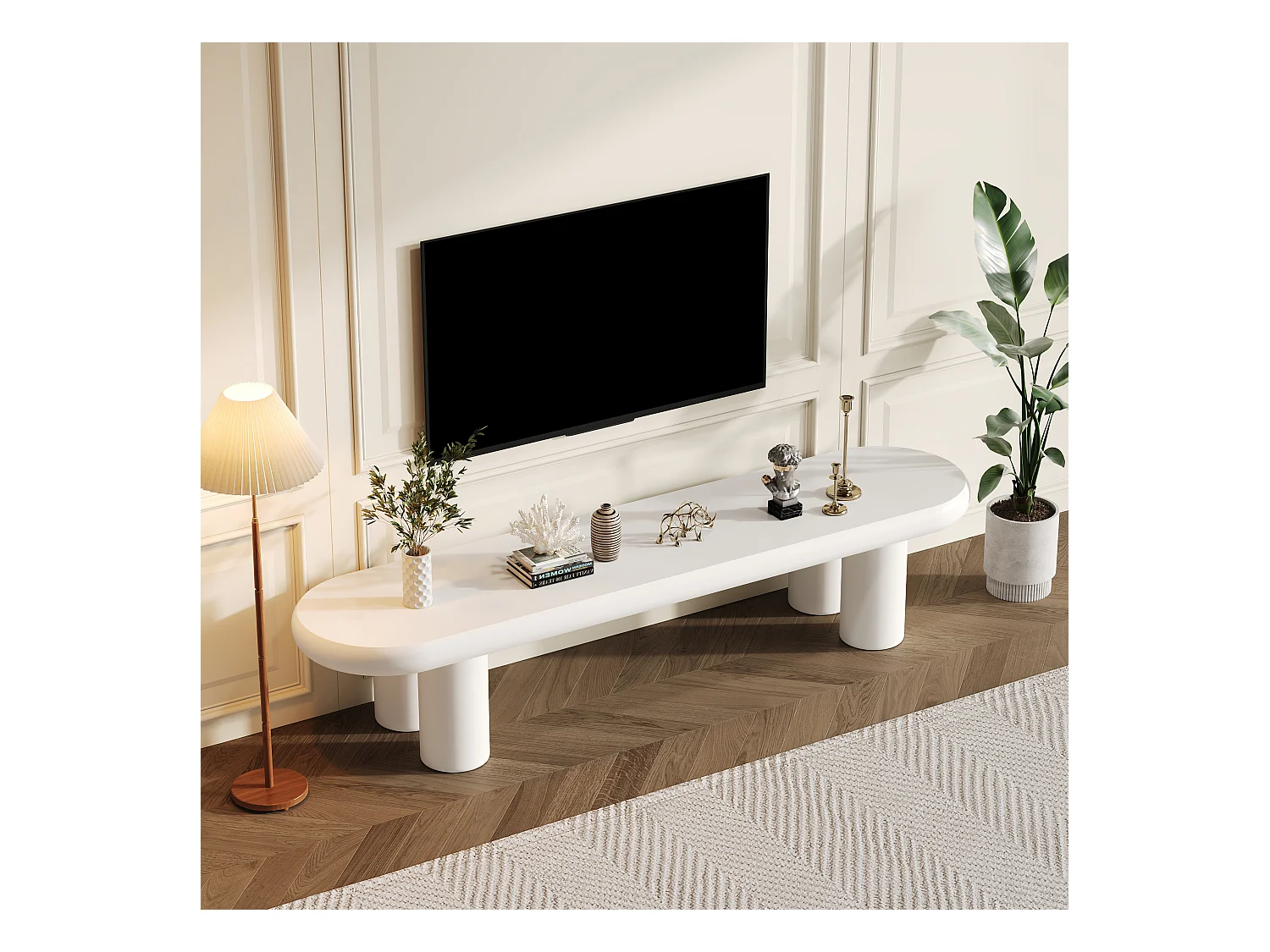 Meuble TV de salon 160x40x40cm - Meuble TV blanc avec 4 pieds de support - convient pour TV 65 pouces