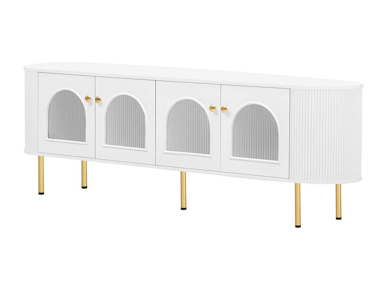 Mueble de TV blanco con 4 puertas onduladas - tiradores y patas dorados - para salones y dormitorios