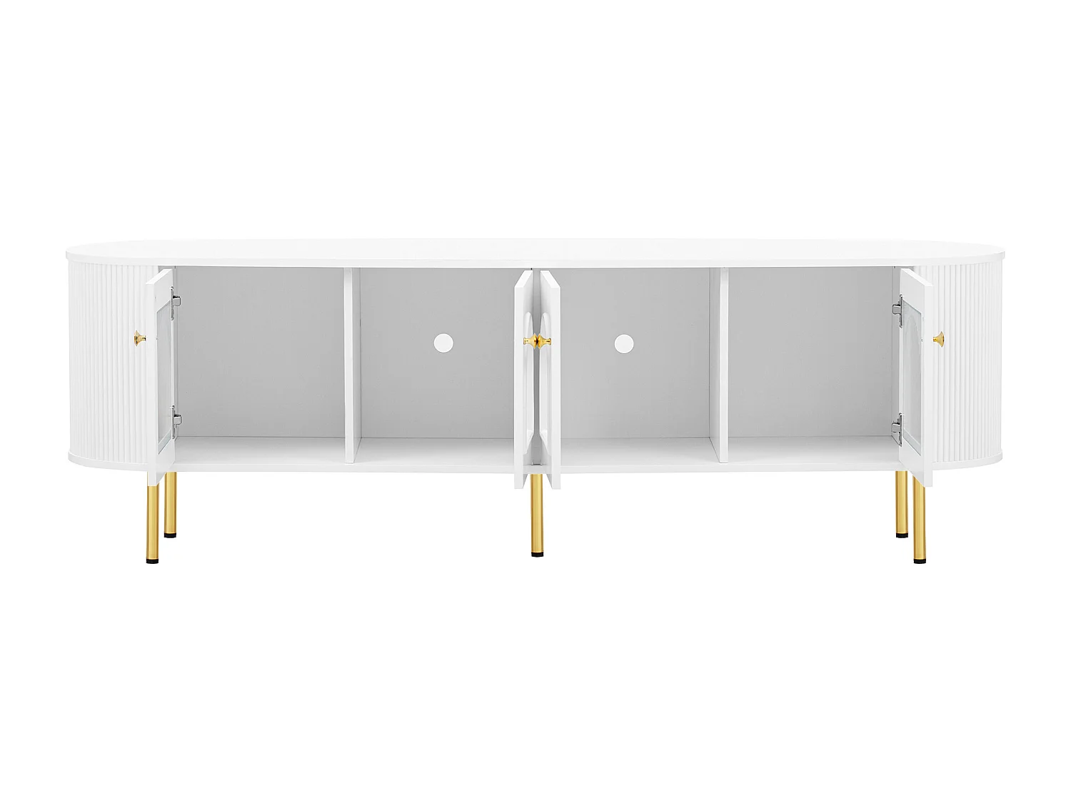 Mueble de TV blanco con 4 puertas onduladas - tiradores y patas dorados - para salones y dormitorios
