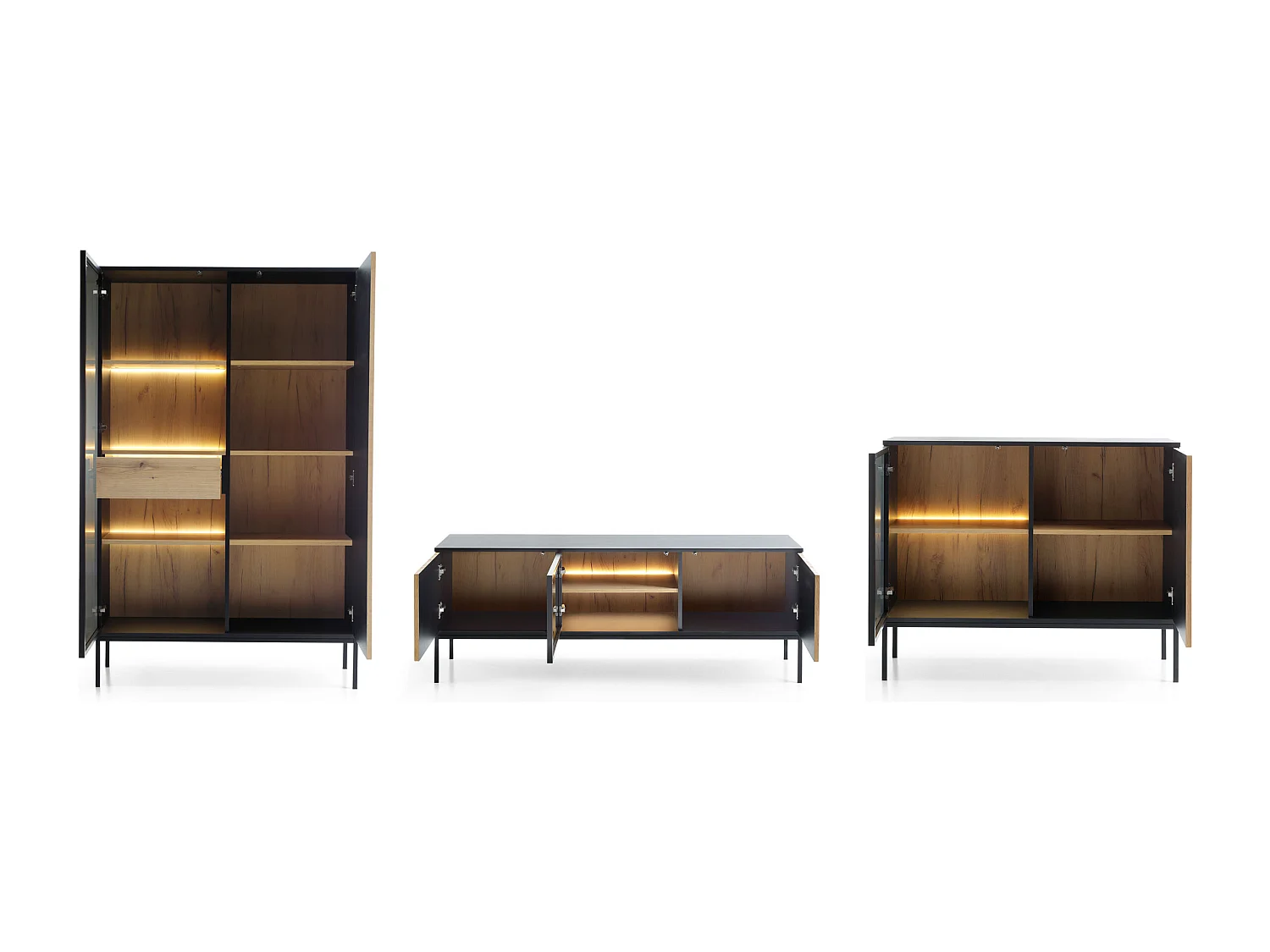 WOHNZIMMER-SET Sento schwarz / Wotan Eiche 3-teilig