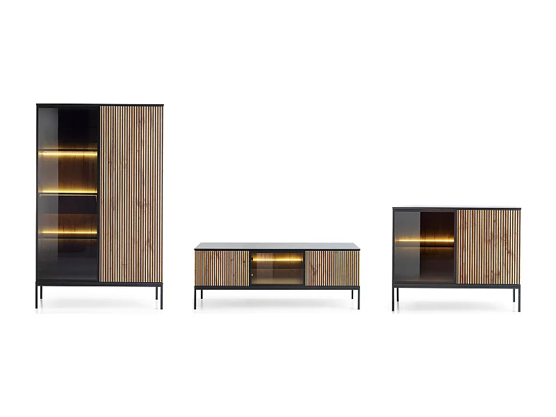 WOHNZIMMER-SET Sento schwarz / Wotan Eiche 3-teilig