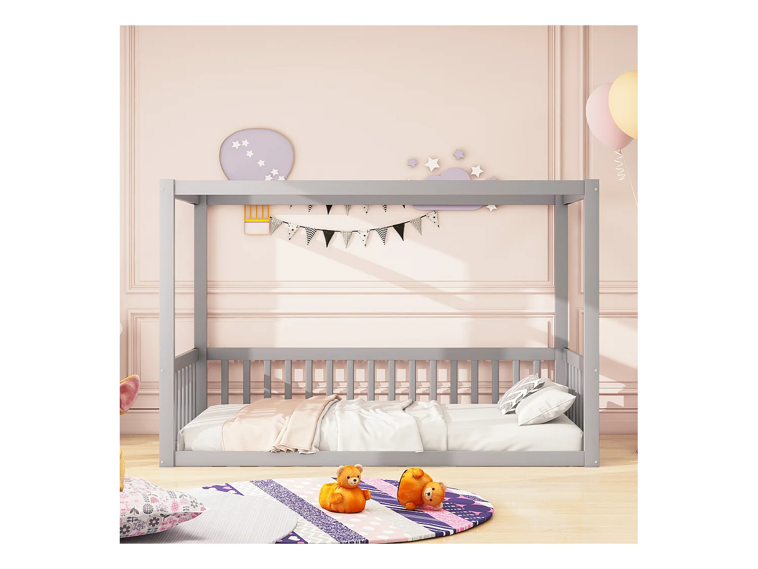 Lit simple 90 x 200 cm - Lit enfant avec cadre de plafond - cadre de lit en bois massif - gris - sans matelas