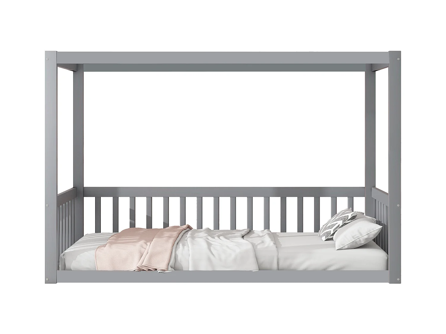Lit simple 90 x 200 cm - Lit enfant avec cadre de plafond - cadre de lit en bois massif - gris - sans matelas