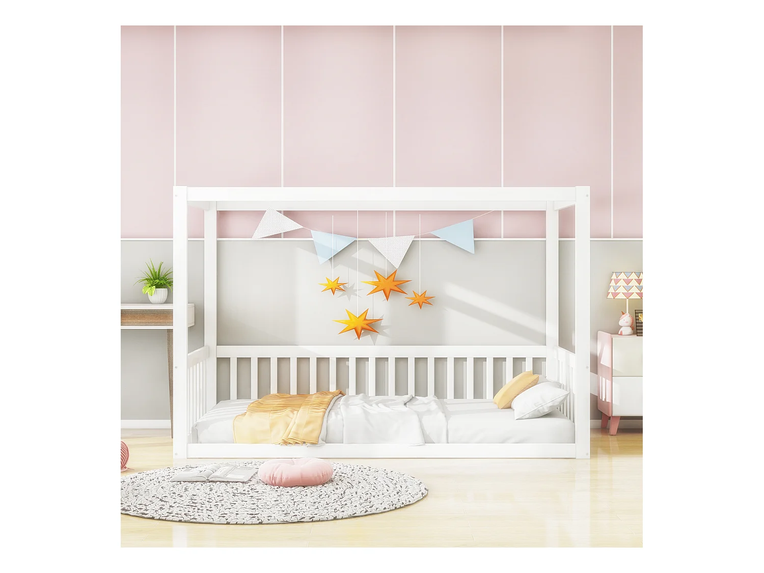 Lit simple 90 x 200 cm - Lit enfant avec cadre de plafond - cadre de lit en bois massif - blanc - sans matelas