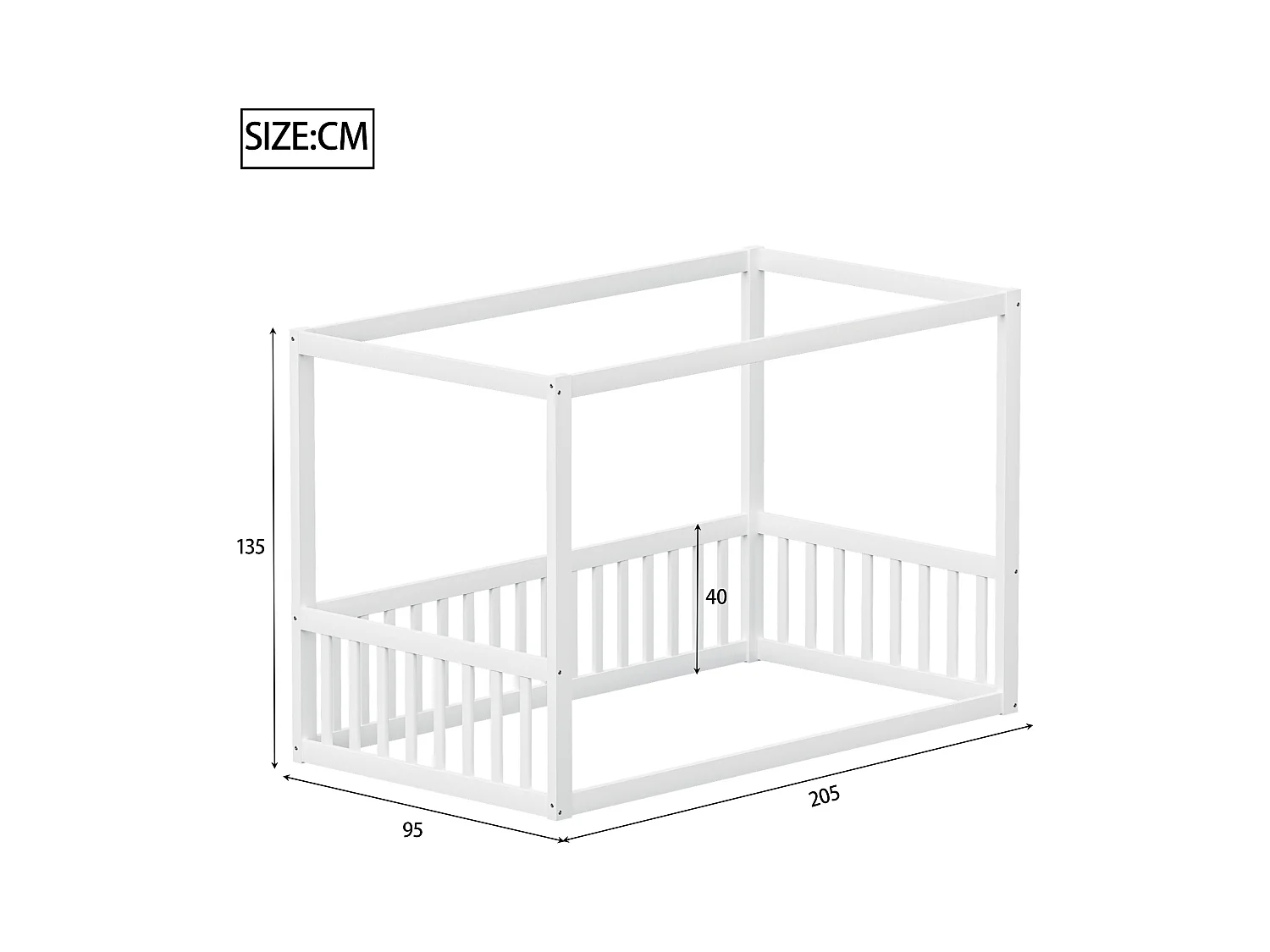 Lit simple 90 x 200 cm - Lit enfant avec cadre de plafond - cadre de lit en bois massif - blanc - sans matelas
