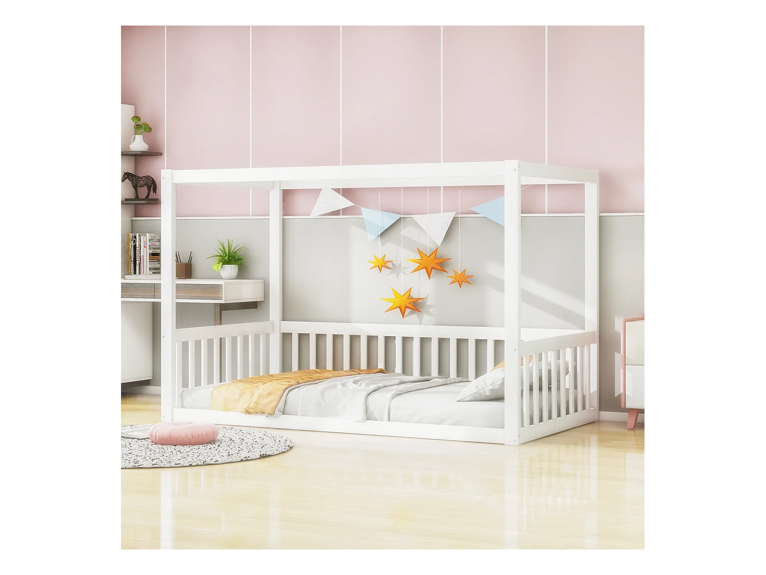 Lit baldaquin 90 x 200 cm - Lit enfant avec cadre de plafond - cadre de lit en bois massif - blanc - sans matelas