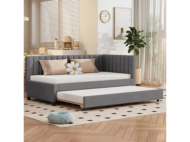Letto estraibile 90x200 cm - Divano letto con schienale imbottito e rete a doghe - velluto grigio