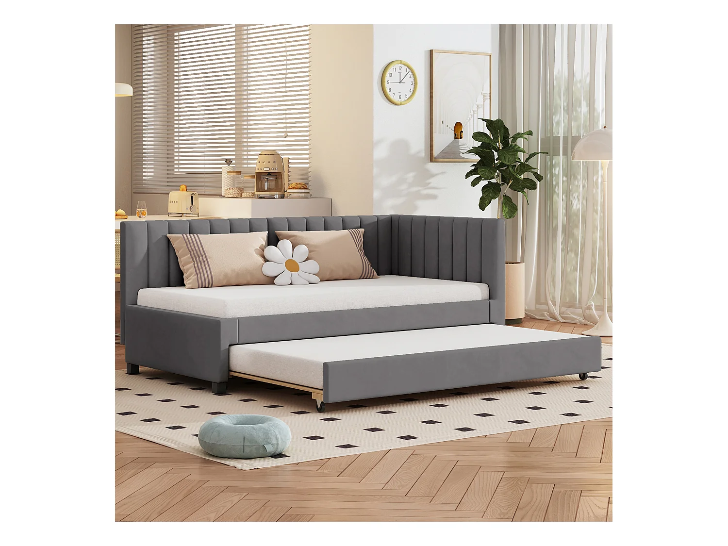 Letto estraibile 90x200 cm - Divano letto con schienale imbottito e rete a doghe - velluto grigio