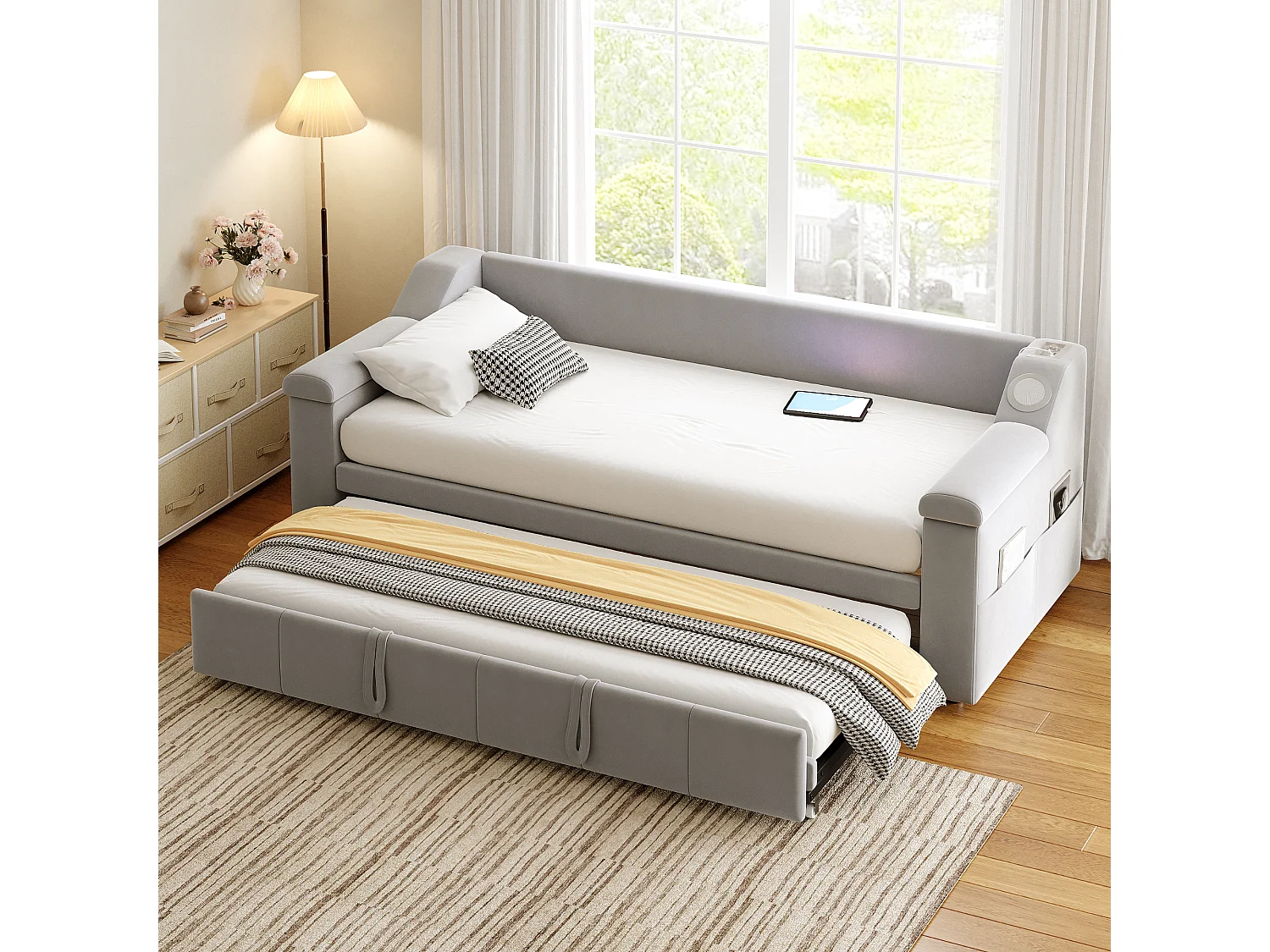 Lit gigogne 90/180x190 cm - Canapé-lit avec système audio Bluetooth et recharge USB - velours gris clair