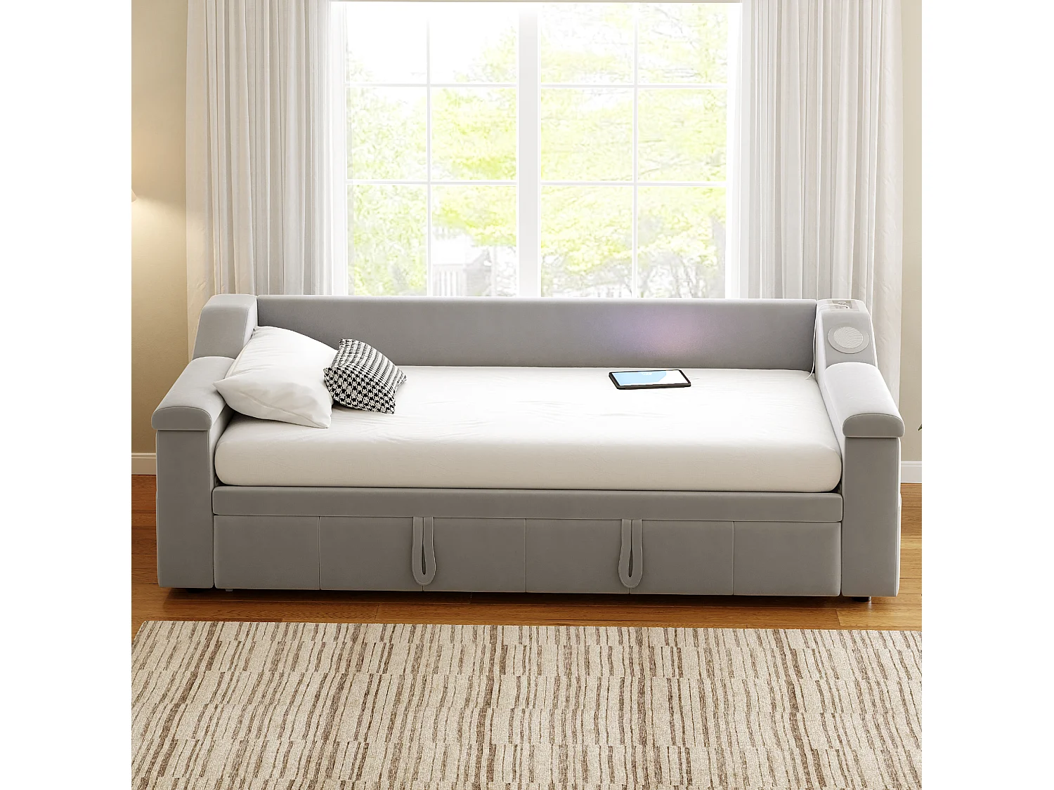 Lit gigogne 90/180x190 cm - Canapé-lit avec système audio Bluetooth et recharge USB - velours gris clair