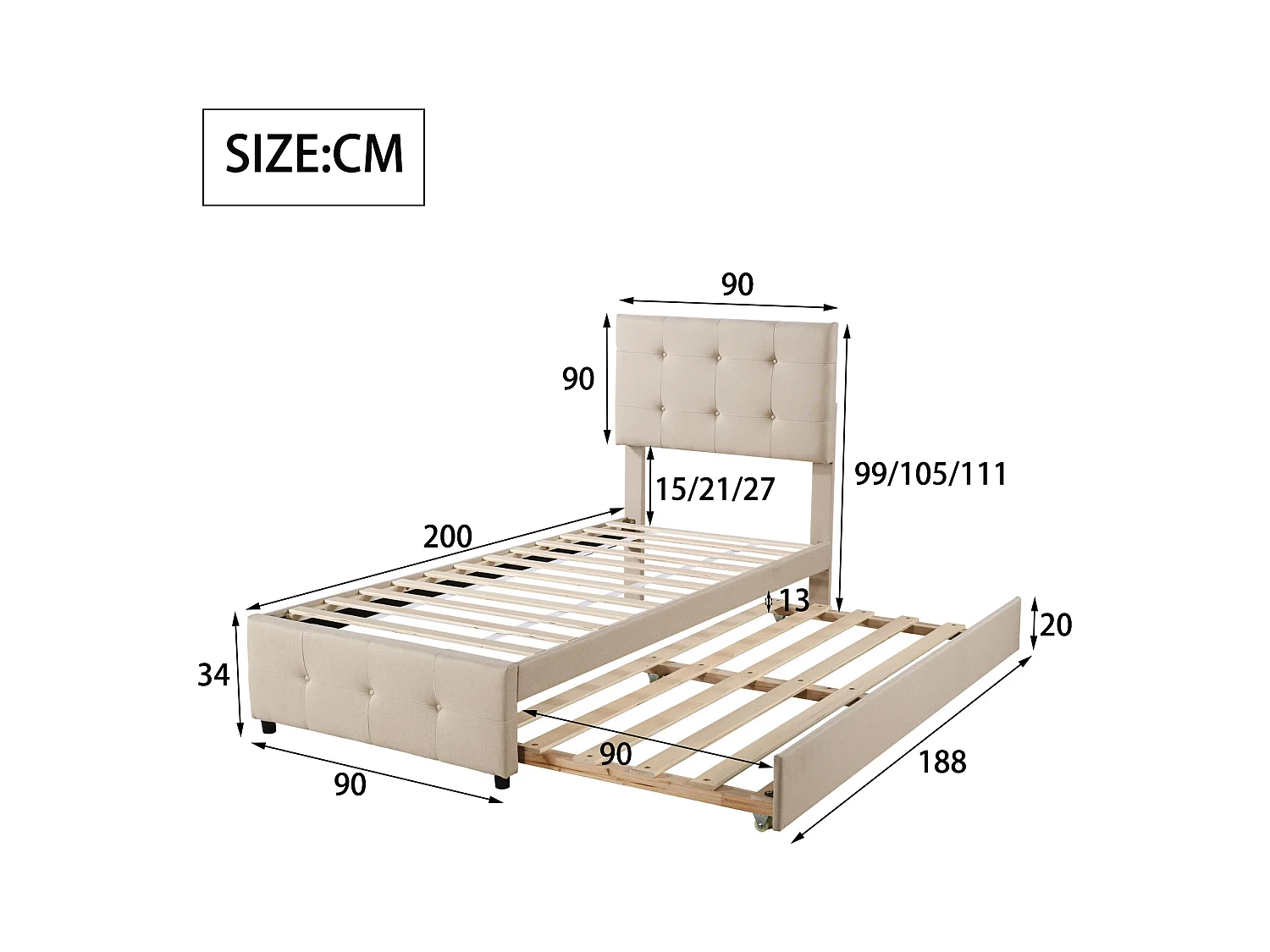 Lit gigogne 90x190/200 cm - Lit adulte avec tête de lit réglable - sommier à lattes en bois - lin beige