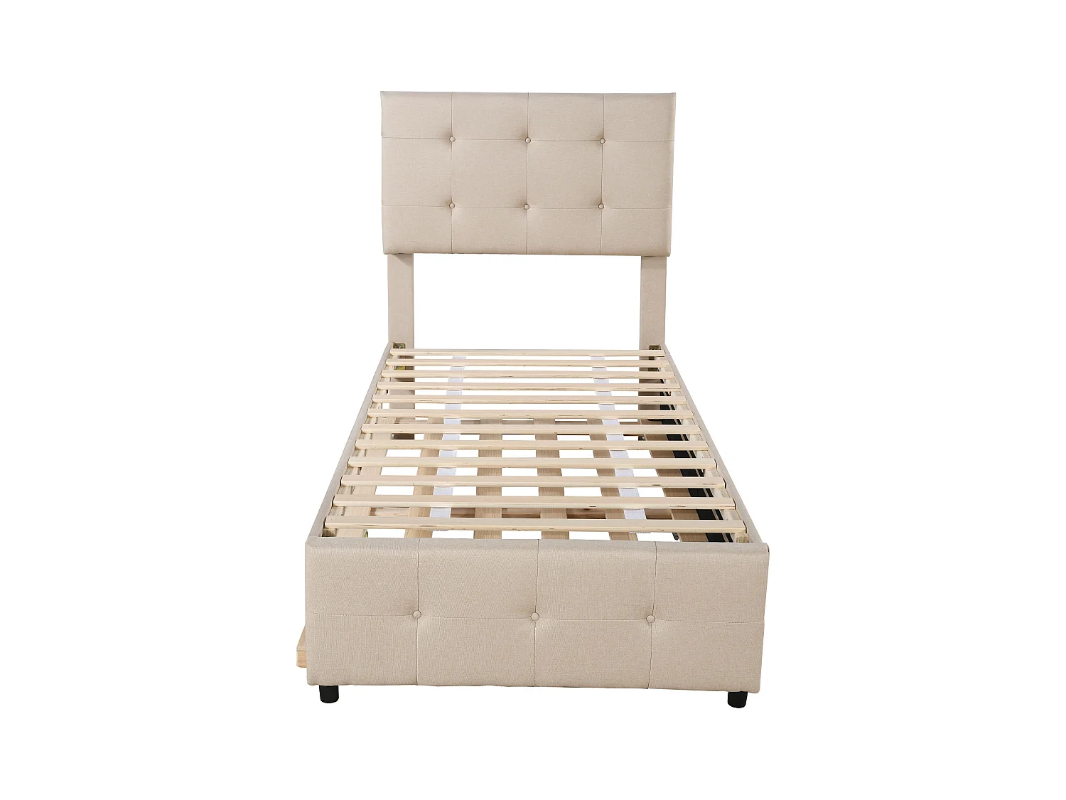 Lit gigogne 90x190/200 cm - Lit adulte avec tête de lit réglable - sommier à lattes en bois - lin beige
