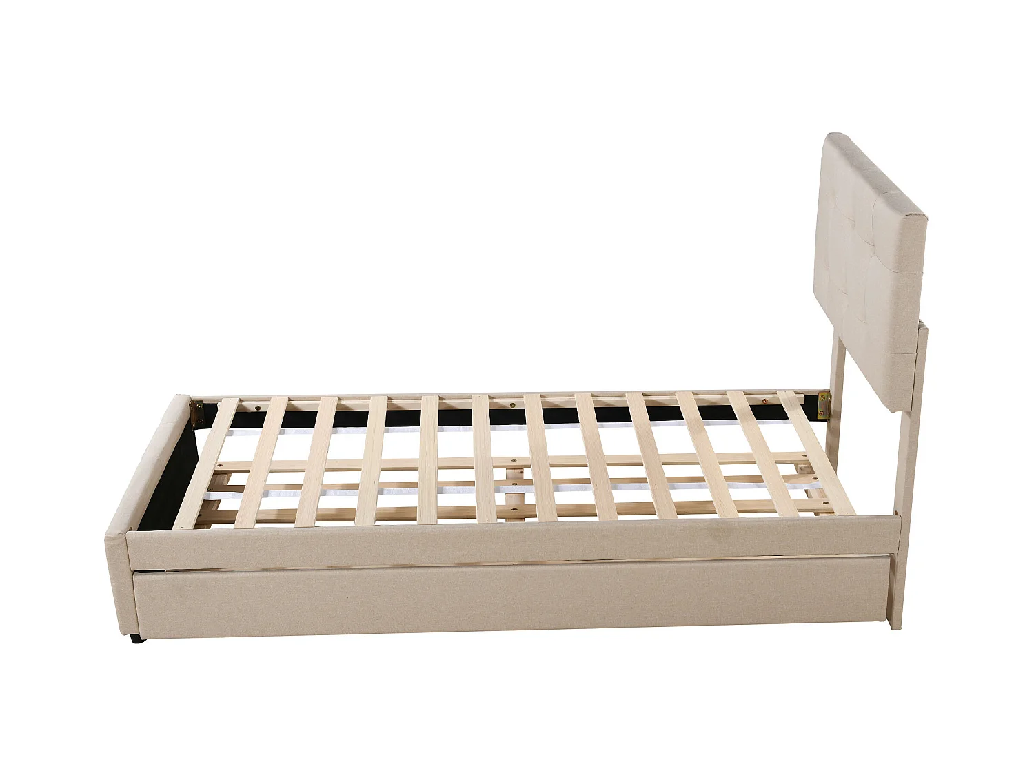 Lit gigogne 90x190/200 cm - Lit adulte avec tête de lit réglable - sommier à lattes en bois - lin beige