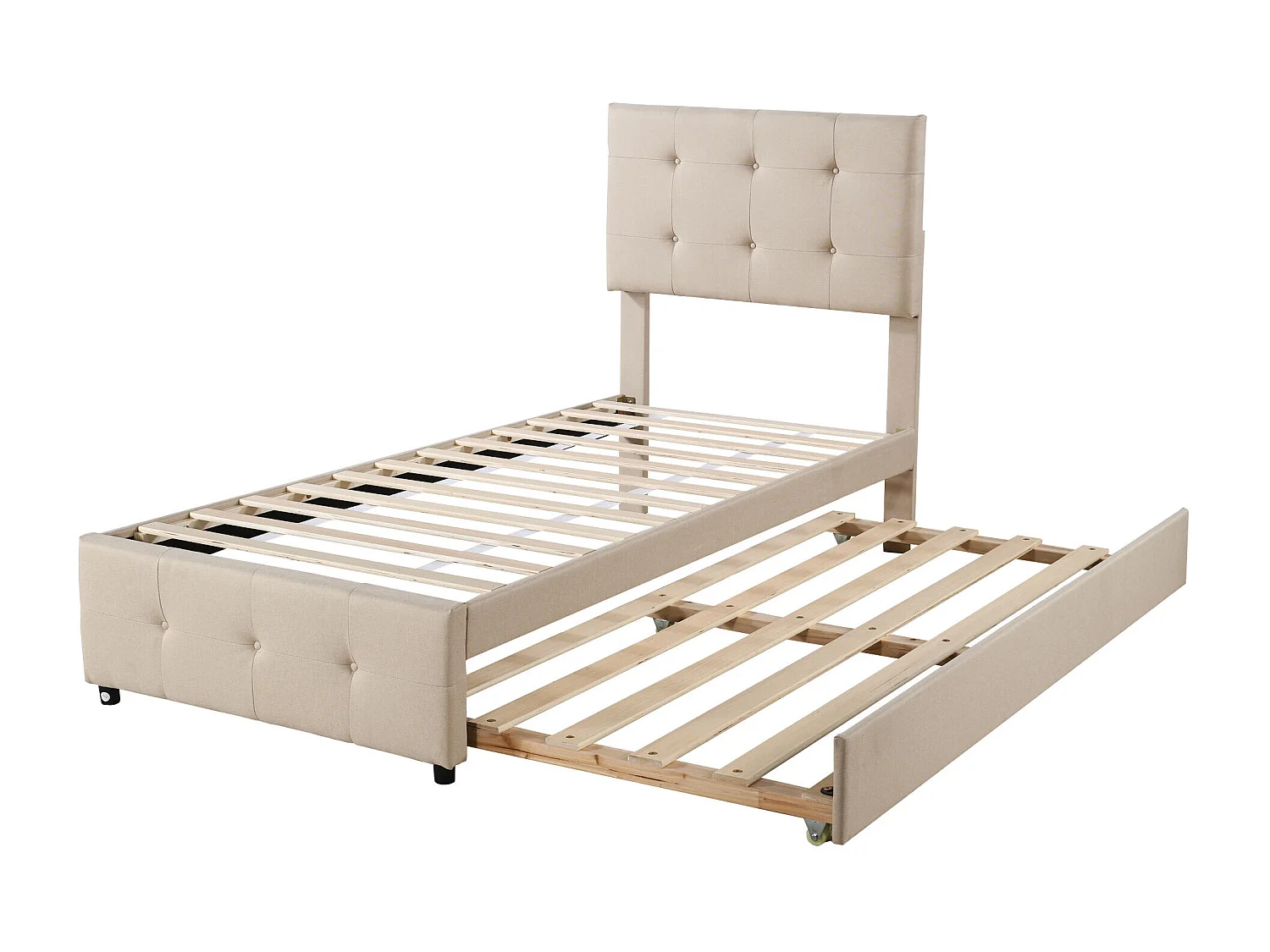 Lit gigogne 90x190/200 cm - Lit adulte avec tête de lit réglable - sommier à lattes en bois - lin beige