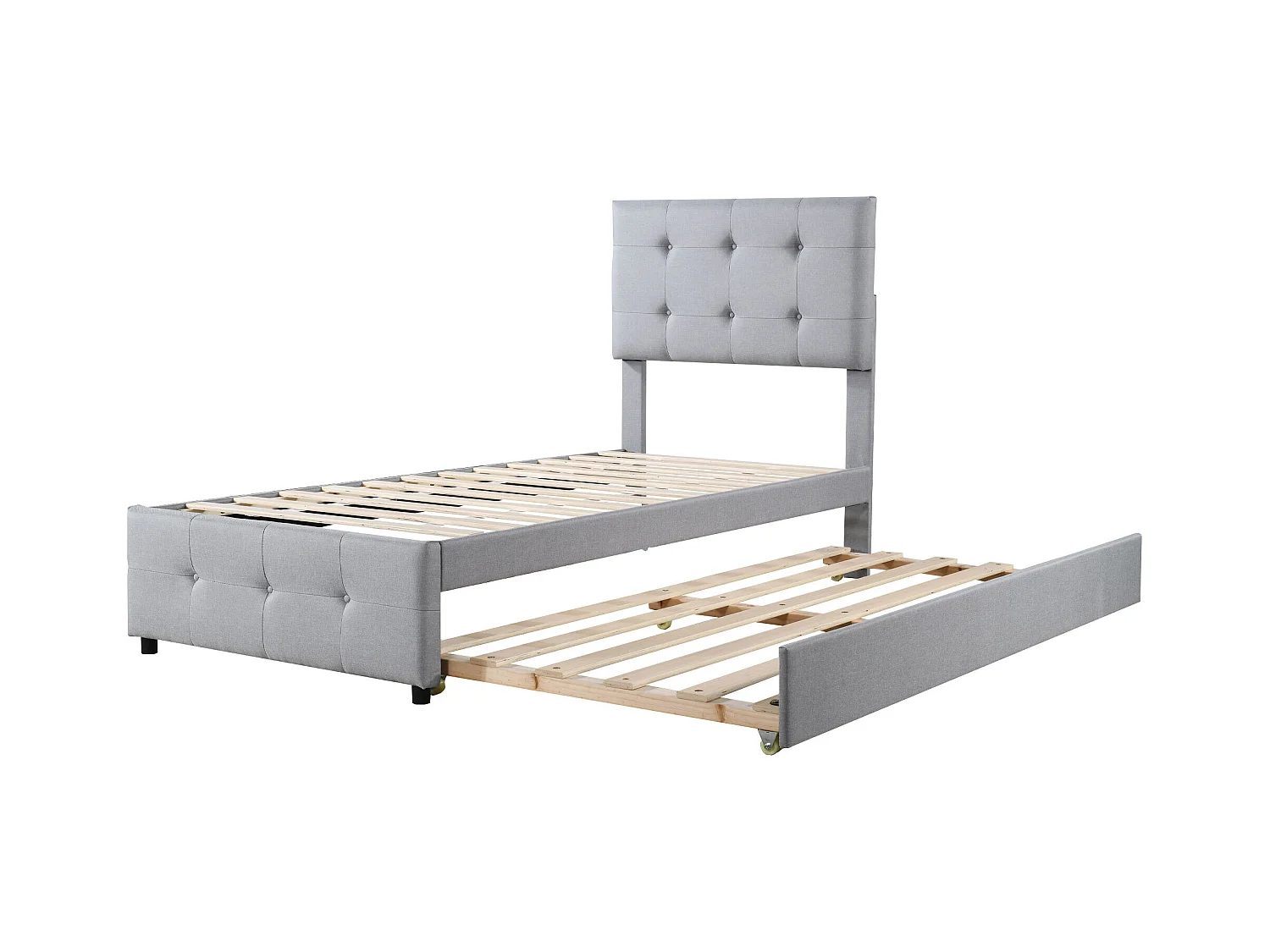 Lit gigogne 90x190/200 cm - Lit enfant avec tête de lit réglable - sommier à lattes en bois - lin gris