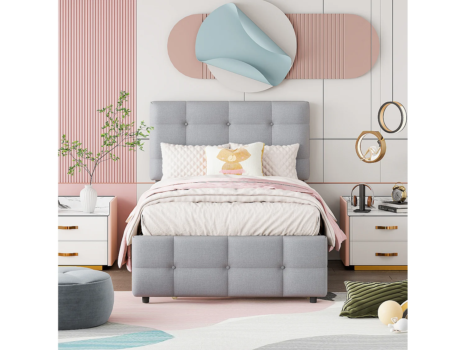 Letto estraibile 90x190/200 cm - Letto imbottito con testiera regolabile - rete a doghe in legno - lino grigio