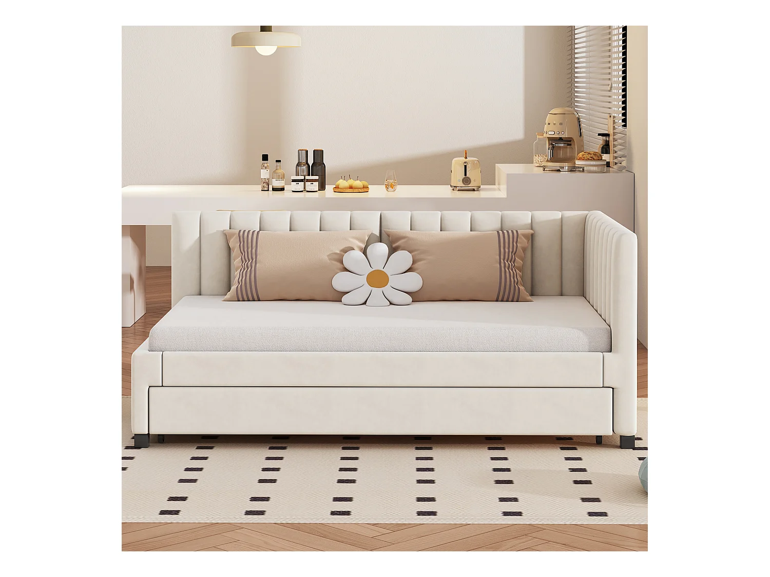 Letto estraibile 90x200 cm - Divano letto con schienale imbottito e rete a doghe - velluto beige