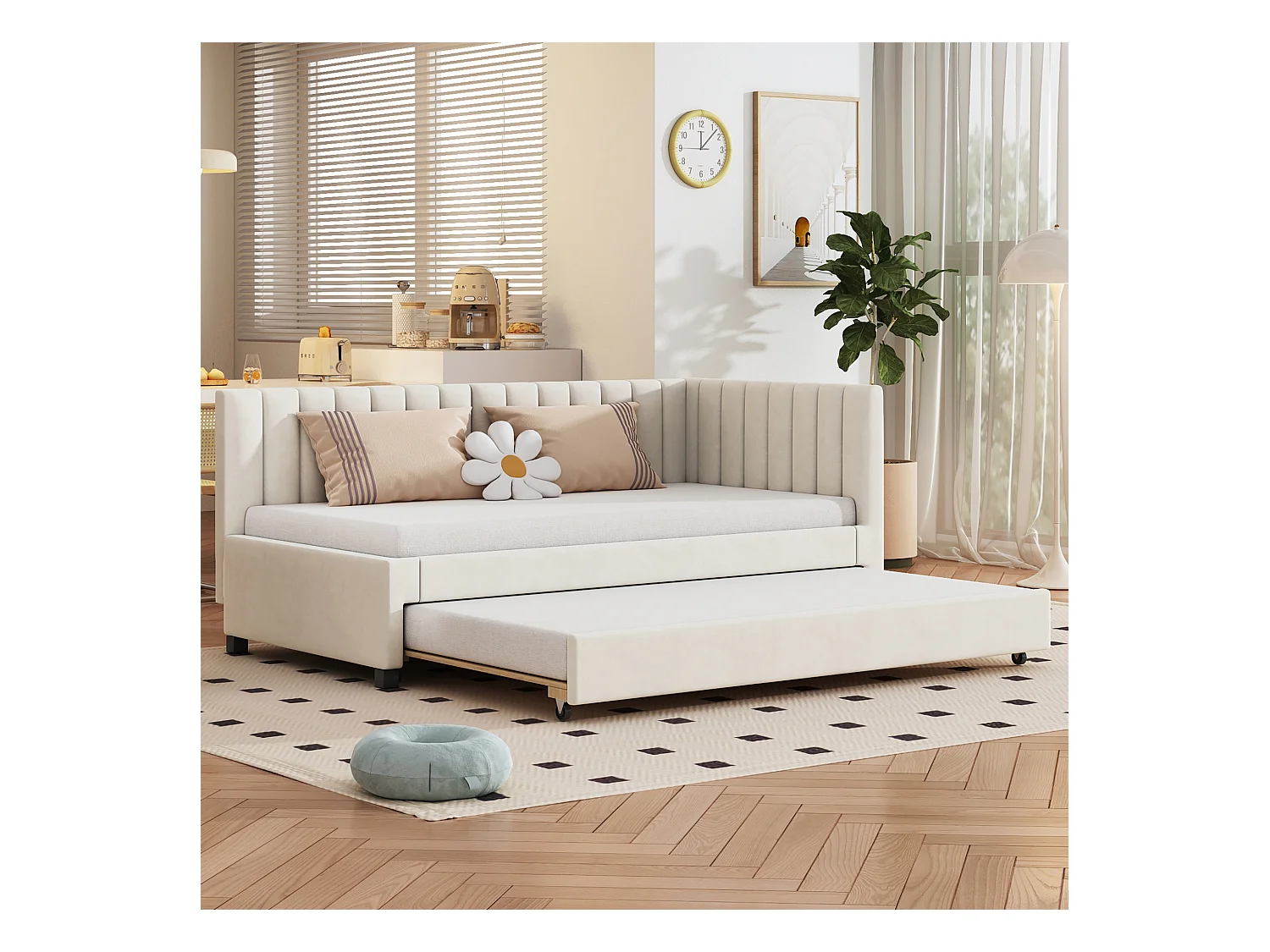 Letto estraibile 90x200 cm - Divano letto con schienale imbottito e rete a doghe - velluto beige