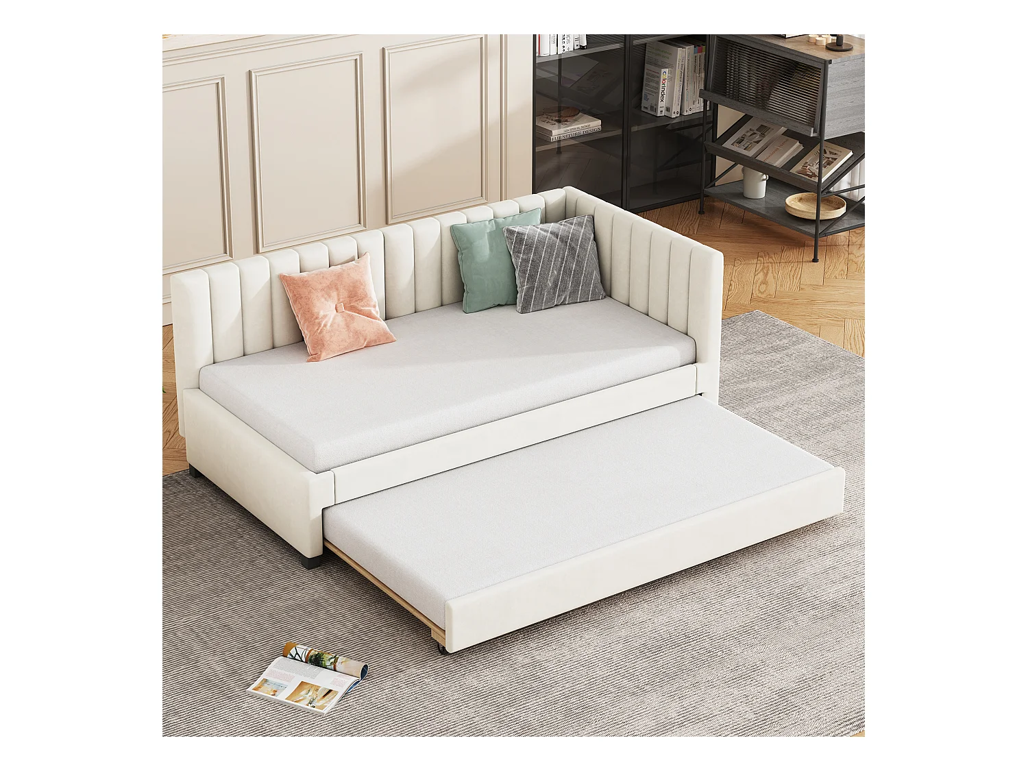 Letto estraibile 90x200 cm - Divano letto con schienale imbottito e rete a doghe - velluto beige