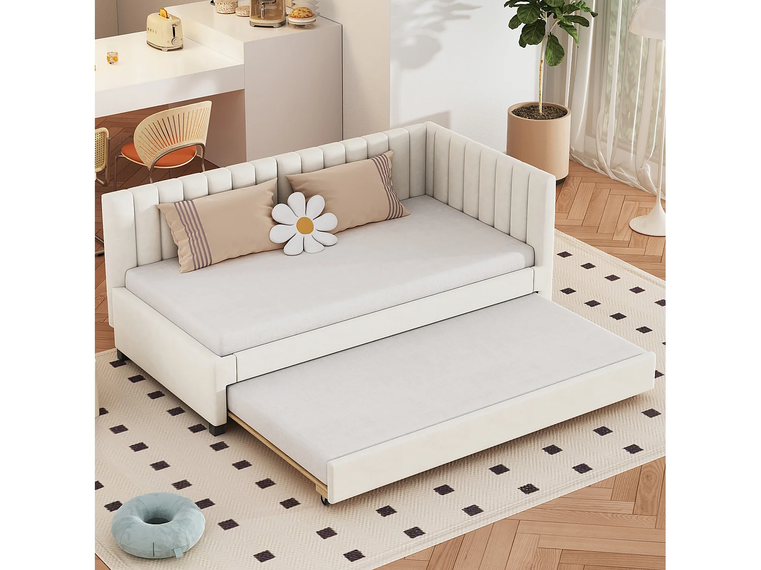 Lit gigogne 90x200 cm - Canapé-lit avec dossier rembourré et sommier à lattes - velours beige