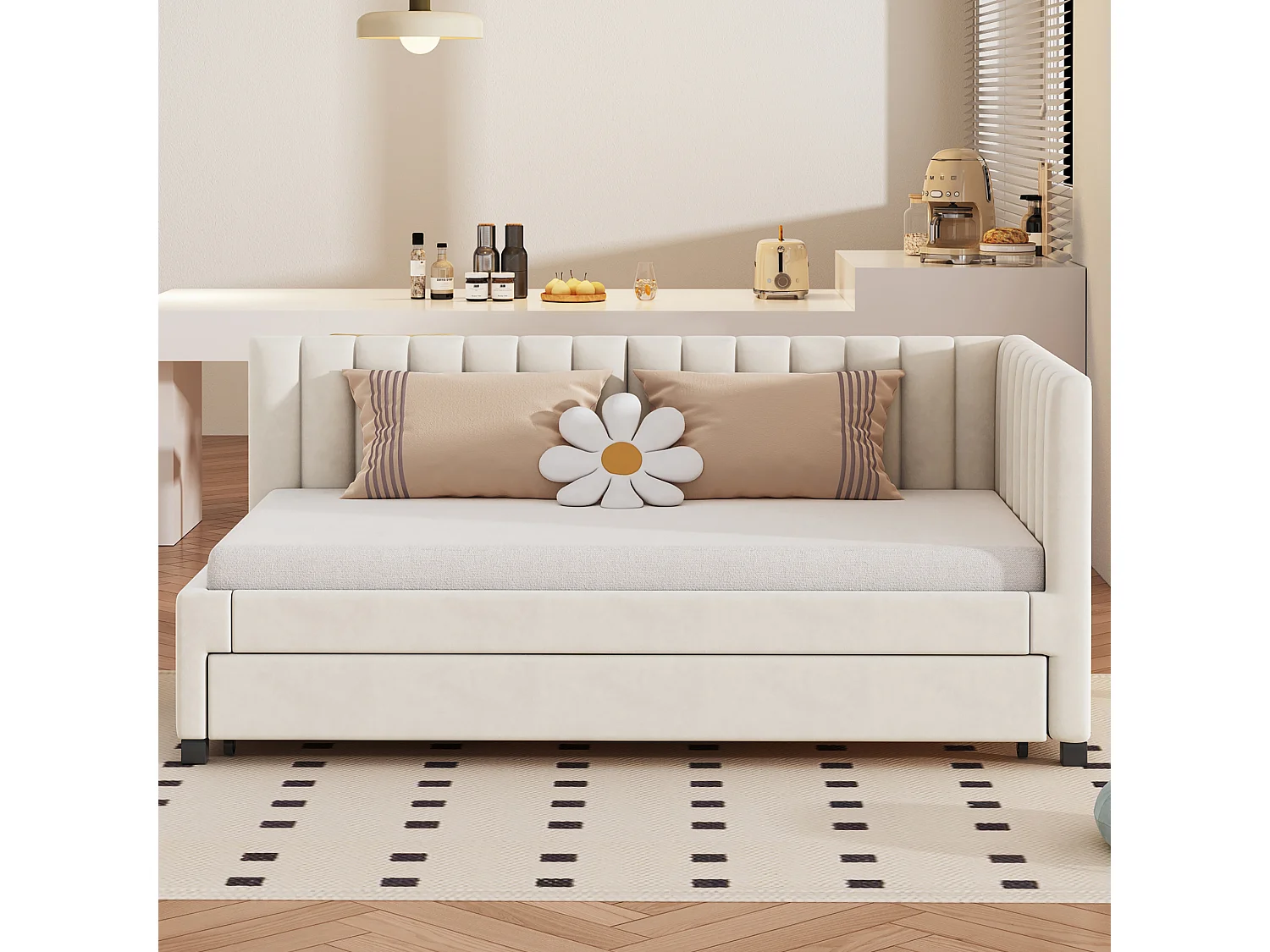 Lit gigogne 90x200 cm - Canapé-lit avec dossier rembourré et sommier à lattes - velours beige