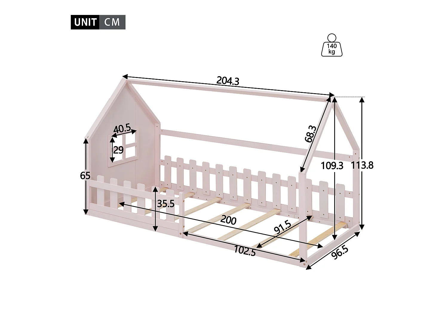 Hochbett 90x200 cm - Kinderbett mit Rausfallschutz und Lattenrost - kiefer und MDF - rosa