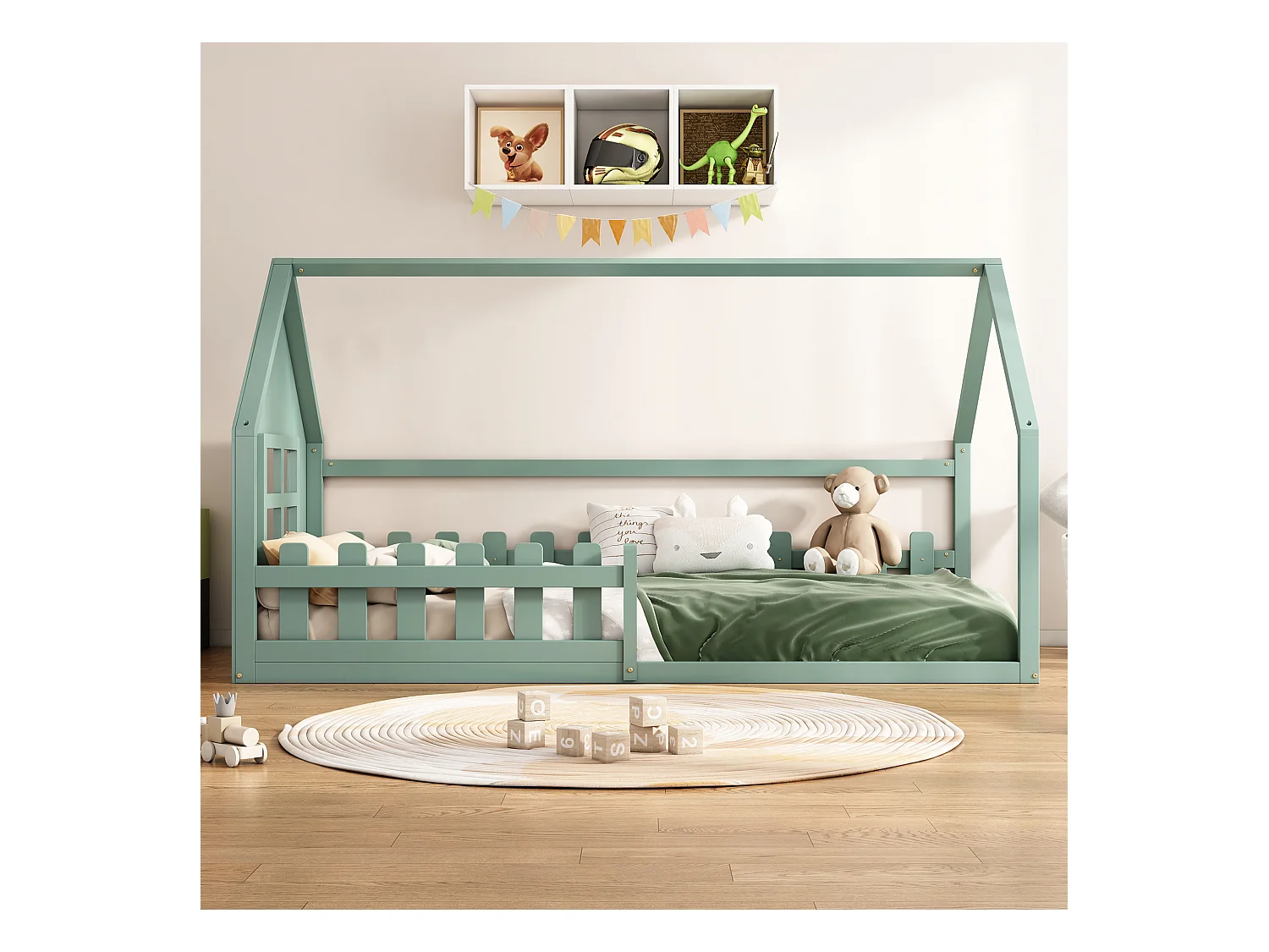 Cama cabina 140x200 cm - Cama infantil con barandillas de seguridad y somier - pino y MDF - verde