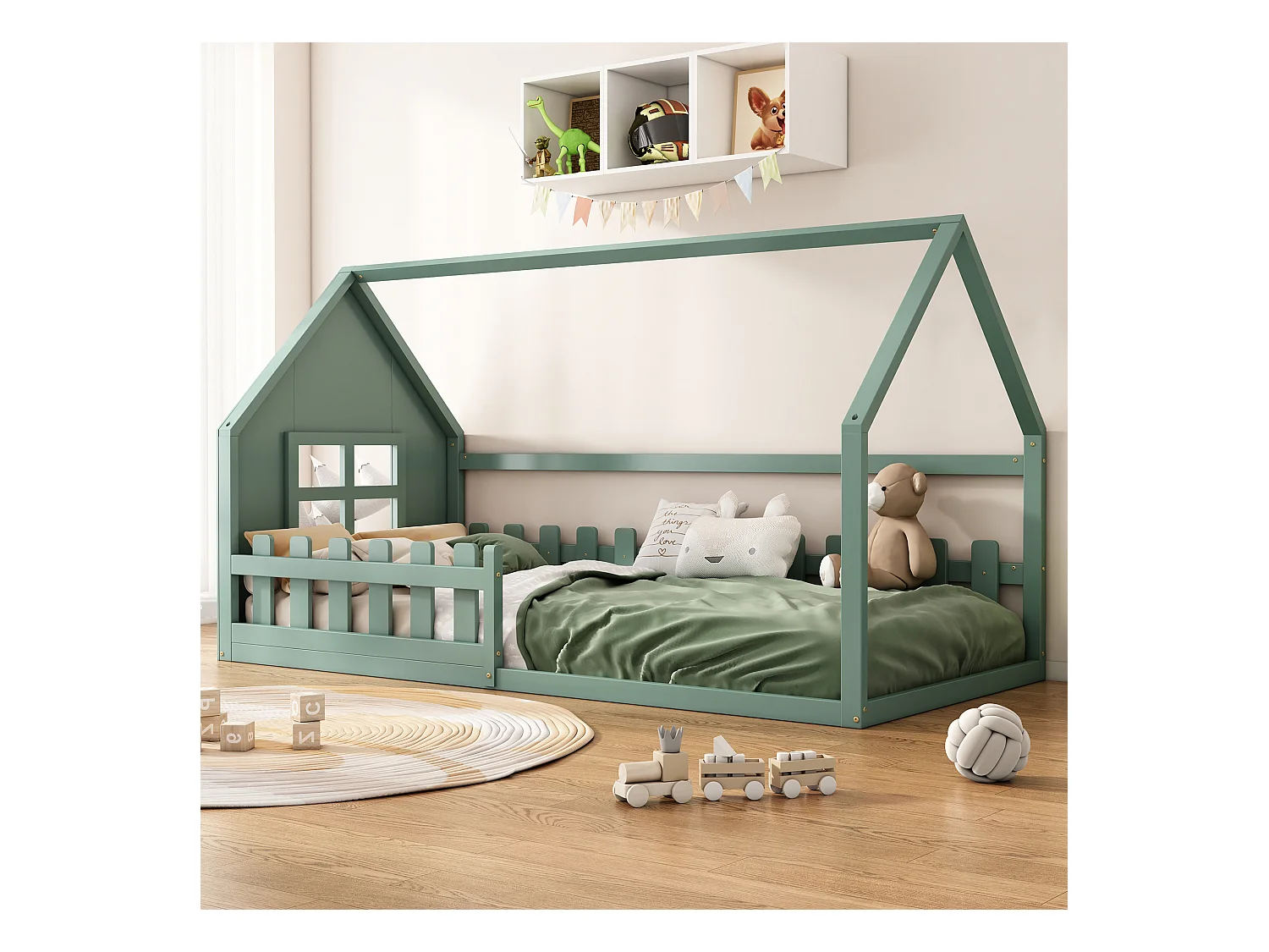 Letto a castello 140x200 cm - Letto per bambini con sponde di sicurezza e rete a doghe - pino e MDF - verde
