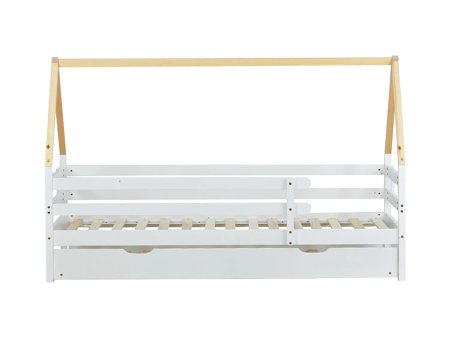 Lit gigogne 90x200/190 cm - Lit cabane enfant avec sommier à lattes en bois et roulettes - blanc et naturel