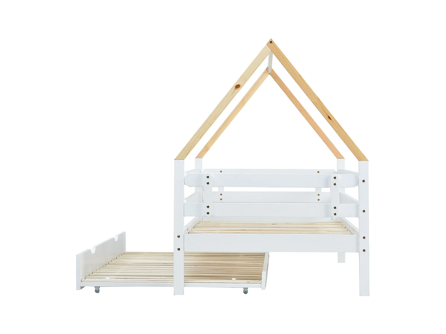 Lit gigogne 90x200/190 cm - Lit cabane enfant avec sommier à lattes en bois et roulettes - blanc et naturel