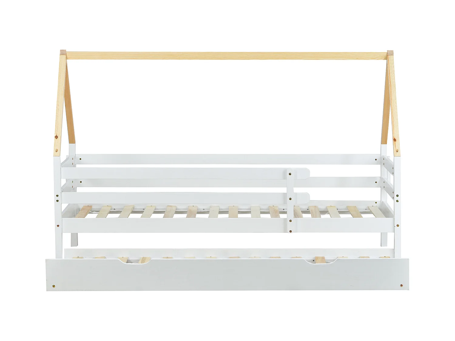Lit gigogne 90x200/190 cm - Lit cabane enfant avec sommier à lattes en bois et roulettes - blanc et naturel