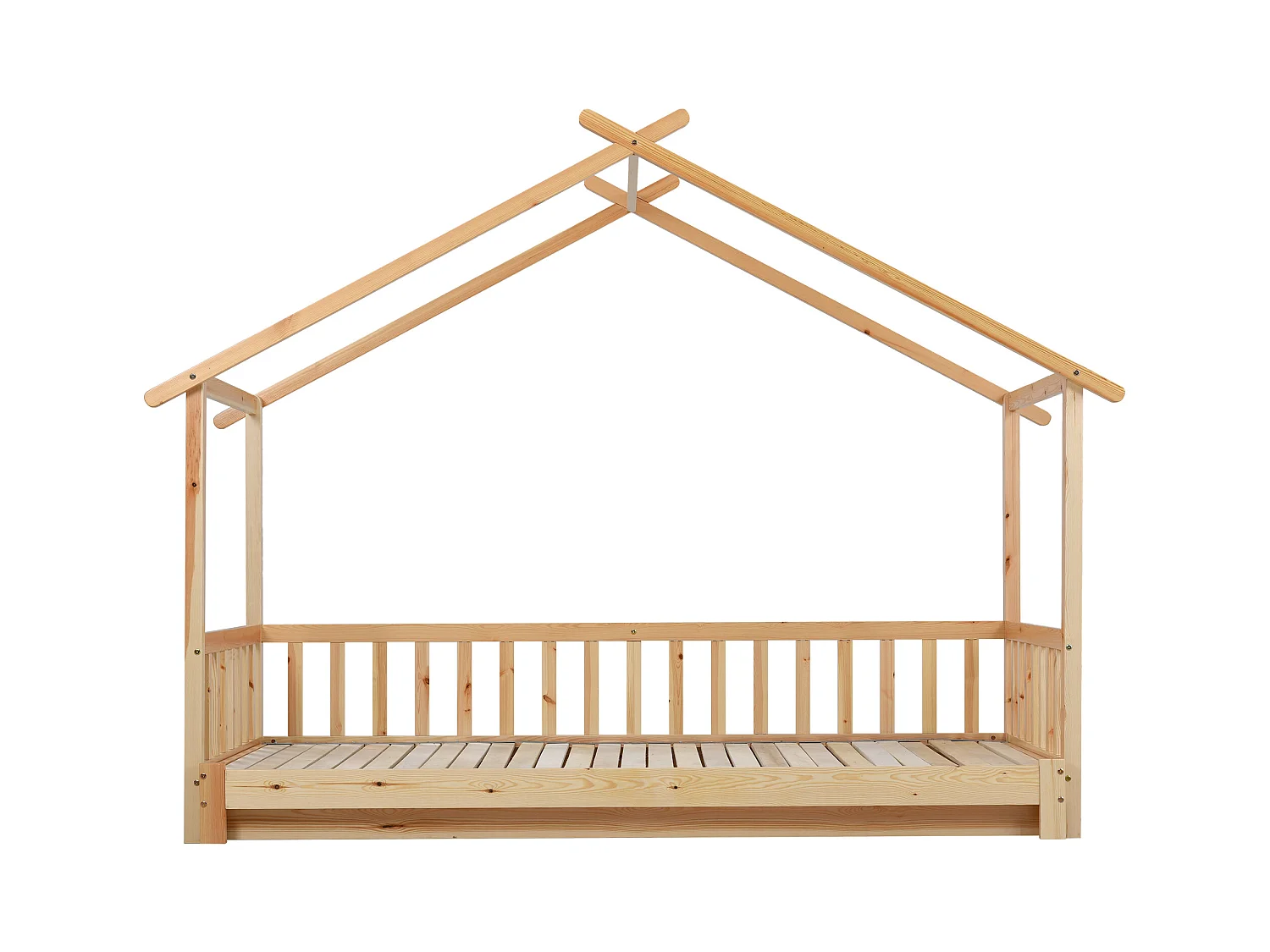 Hochbett 90x200 cm - Kinderbett mit Hausrahmen und Schublade - reines Massivholz - natur