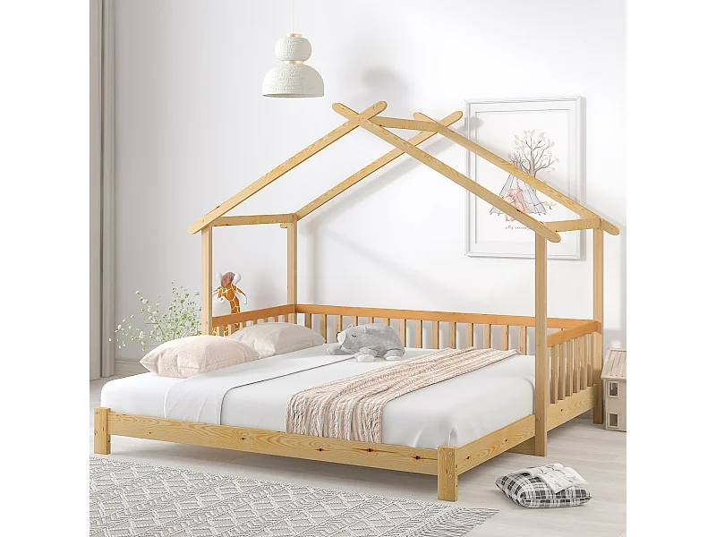 Lit cabane 90x200 cm - Lit enfant avec cadre maison et tiroir - bois massif pur - naturel
