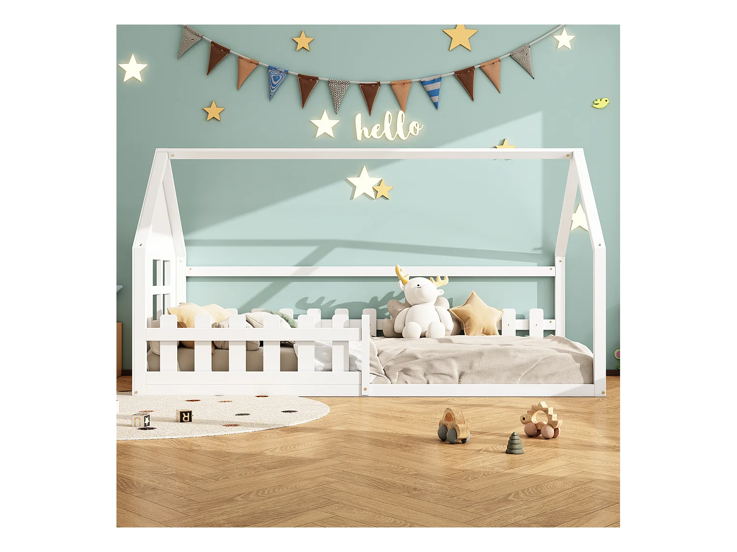 Lit cabane 140x200 cm - Lit enfant avec barrières de sécurité et sommier à lattes - pin et MDF - blanc